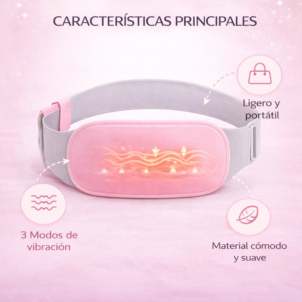 características del cinturón calefactado menstrual portátil con vibración y material cómodo