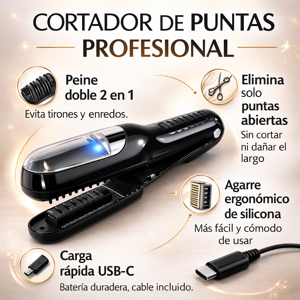Cortador de puntas abiertas profesional con peine doble 2 en 1, agarre ergonómico de silicona y carga rápida USB-C para eliminar puntas abiertas en casa