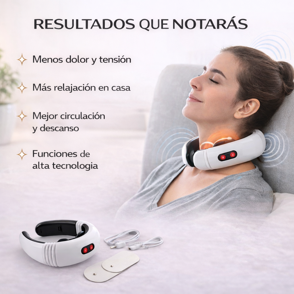 mujer usando masajeador cervical eléctrico para mejorar circulación y aliviar tensión del cuello