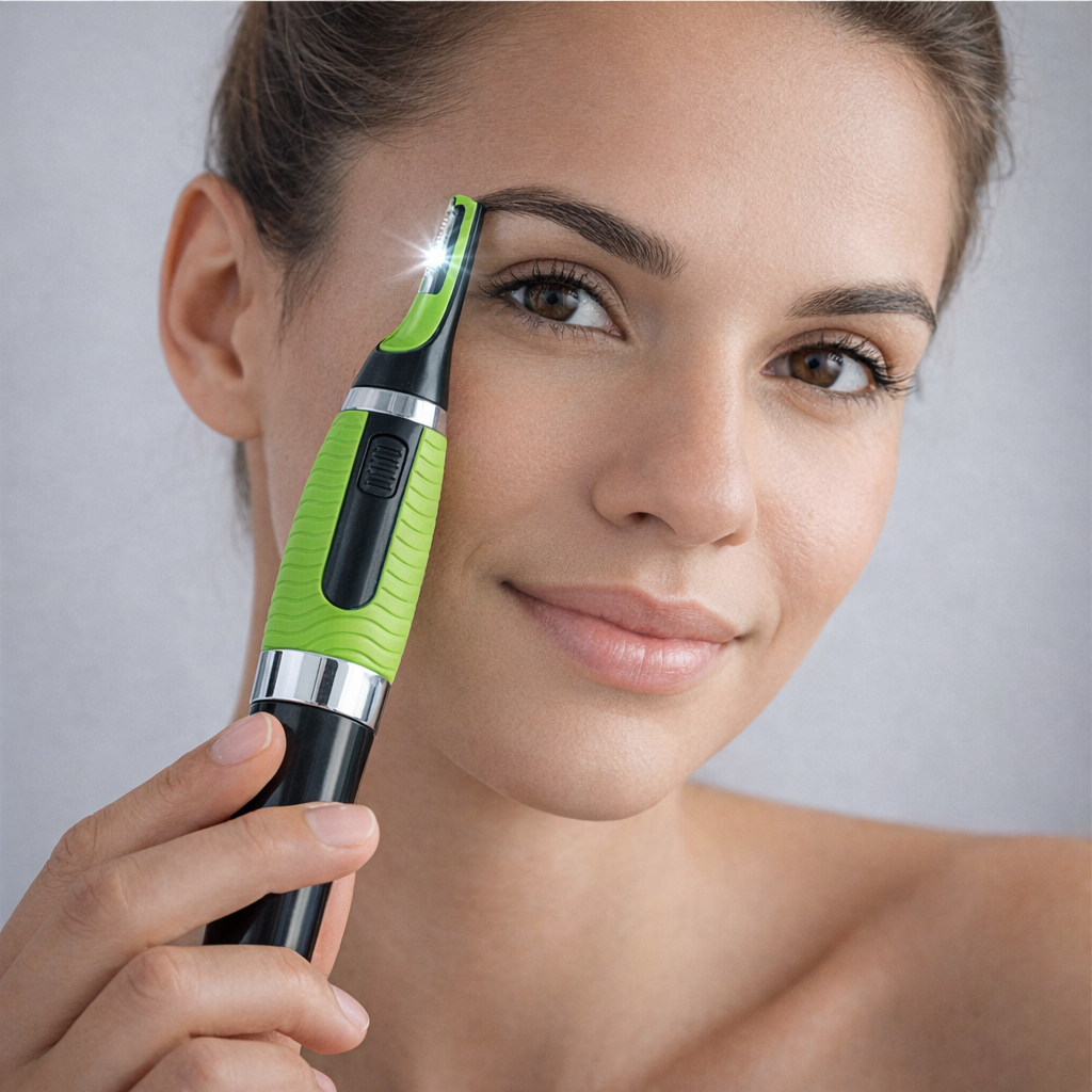 Mujer utilizando cortapelos eléctrico de precisión con luz LED para perfilar cejas y eliminar vello facial