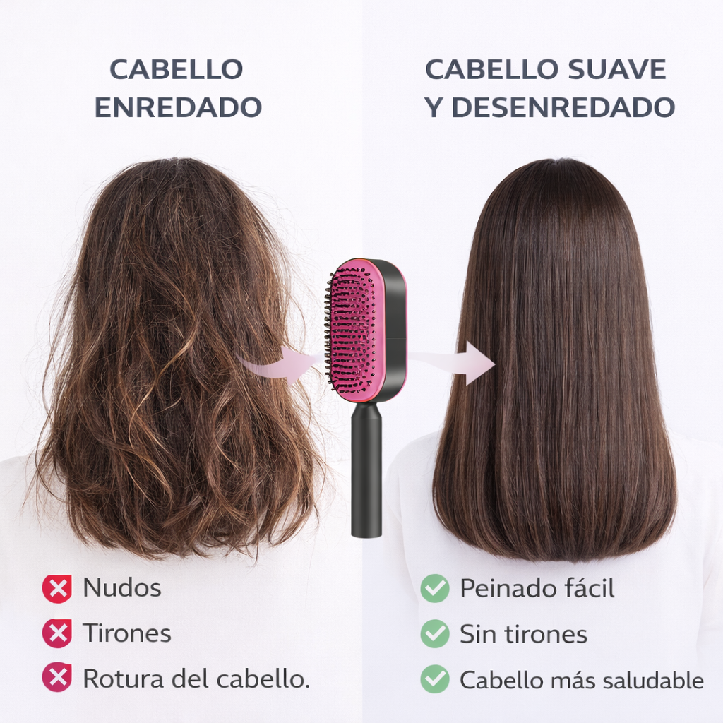 Antes y después usando un cepillo desenredante que elimina nudos sin tirones y deja el cabello suave y manejable
