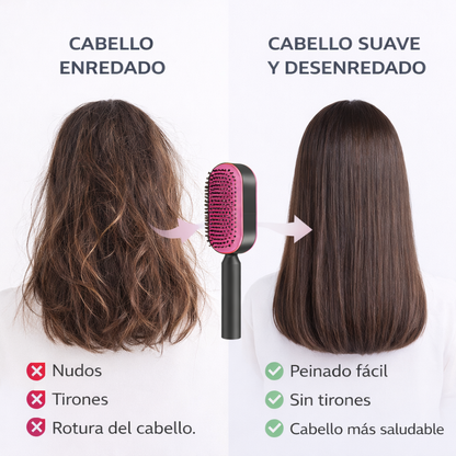 Antes y después usando un cepillo desenredante que elimina nudos sin tirones y deja el cabello suave y manejable