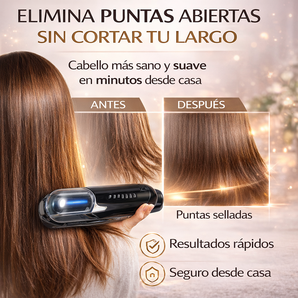 Comparación antes y después usando cortador de puntas abiertas profesional mostrando cabello más suave y puntas selladas sin cortar el largo
