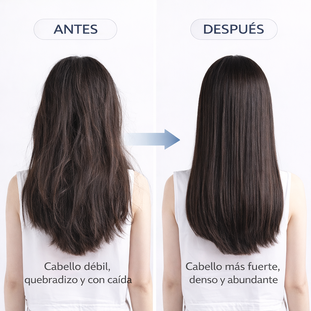 Resultado antes y después del uso del cepillo anticaída con luz infrarroja para fortalecer y densificar el cabello