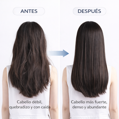 Resultado antes y después del uso del cepillo anticaída con luz infrarroja para fortalecer y densificar el cabello