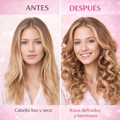resultado antes y después usando rizador de pelo sin calor para conseguir rizos definidos