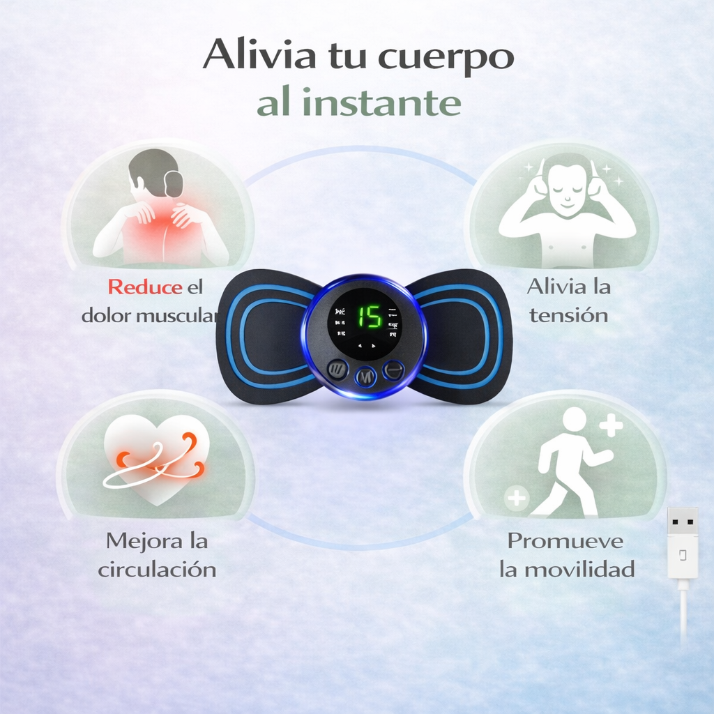 Masajeador muscular portátil que ayuda a aliviar dolor muscular, mejorar la circulación y reducir tensión.