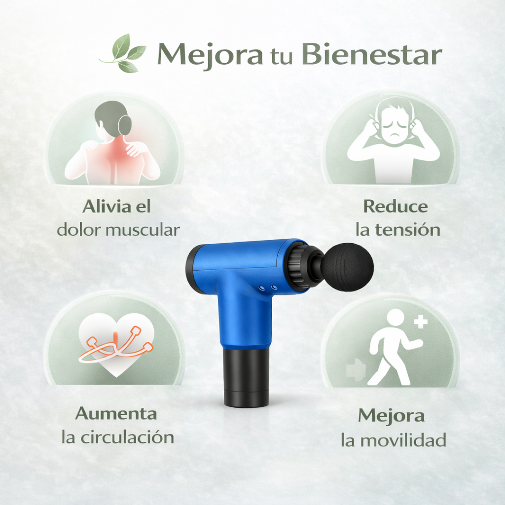 Pistola de masaje muscular que ayuda a aliviar dolor, mejorar circulación y reducir tensión muscular