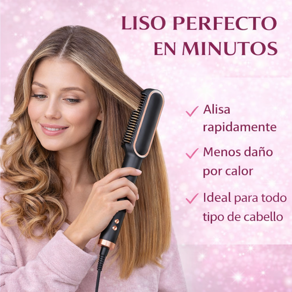 mujer usando cepillo plancha alisador para conseguir cabello liso en minutos