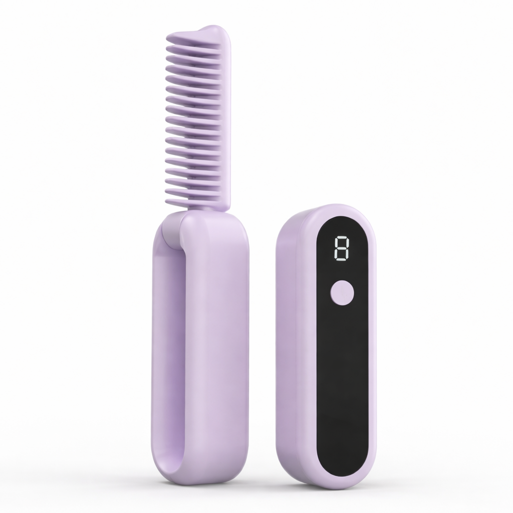 Fotografía de producto de cepillo alisador portátil plegable color lila en fondo blanco, mostrando una unidad abierta con peine cerámico y una unidad cerrada con pantalla LED digital.