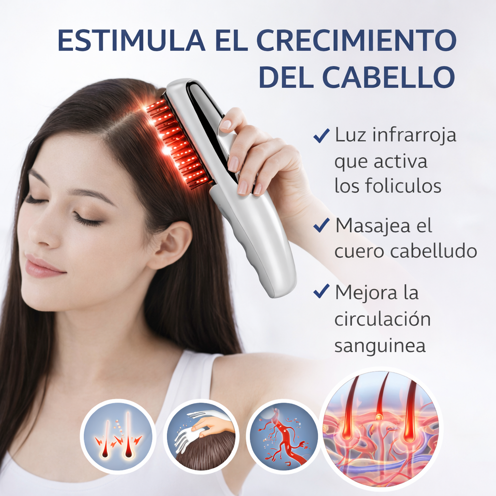 Cepillo de crecimiento capilar con luz infrarroja que estimula los folículos y mejora la circulación del cuero cabelludo