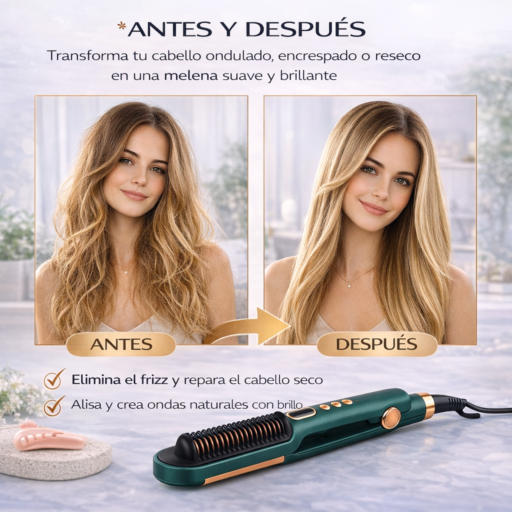 Antes y después usando cepillo plancha 2 en 1 para conseguir cabello liso, suave y ondas naturales
