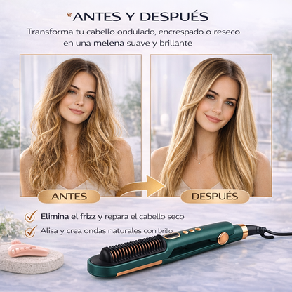 Antes y después usando cepillo plancha 2 en 1 para conseguir cabello liso, suave y ondas naturales