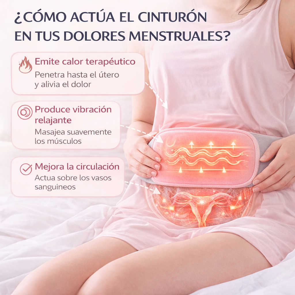 cinturón calefactado menstrual mostrando cómo el calor y la vibración alivian los dolores menstruales