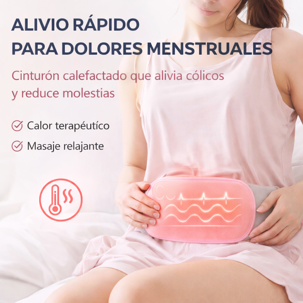mujer usando cinturón calefactado para aliviar dolores menstruales y cólicos con calor terapéutico