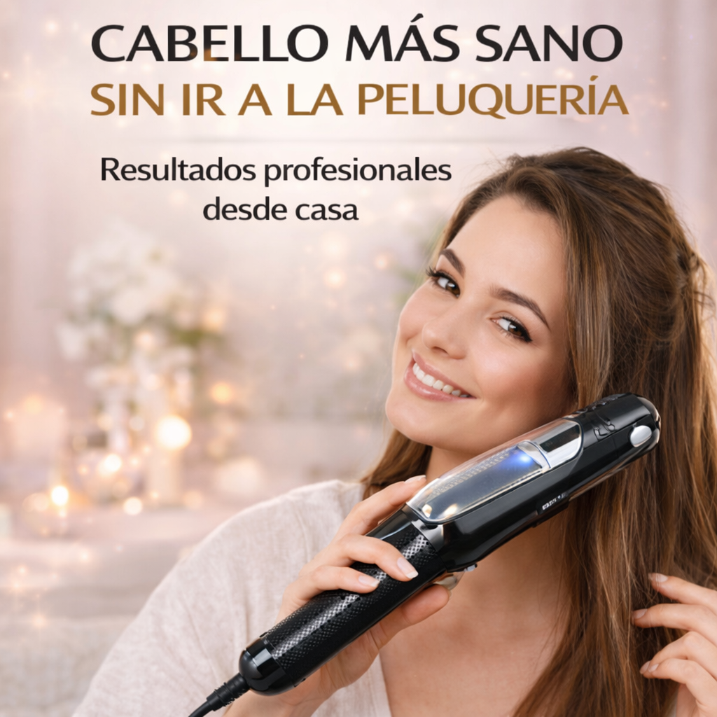 Mujer usando cortador de puntas abiertas profesional para obtener cabello más sano desde casa sin necesidad de ir a la peluquería