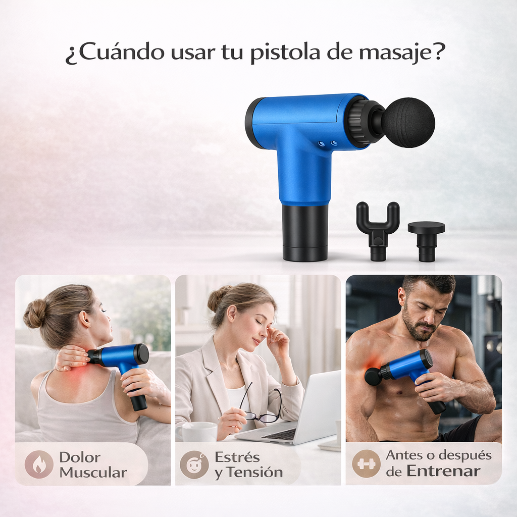Usos de la pistola masajeadora para dolor muscular, tensión y recuperación antes o después del entrenamiento