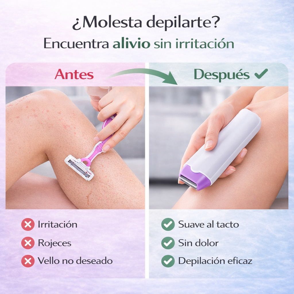 Comparativa antes y después usando depiladora corporal eléctrica para eliminar vello sin irritación