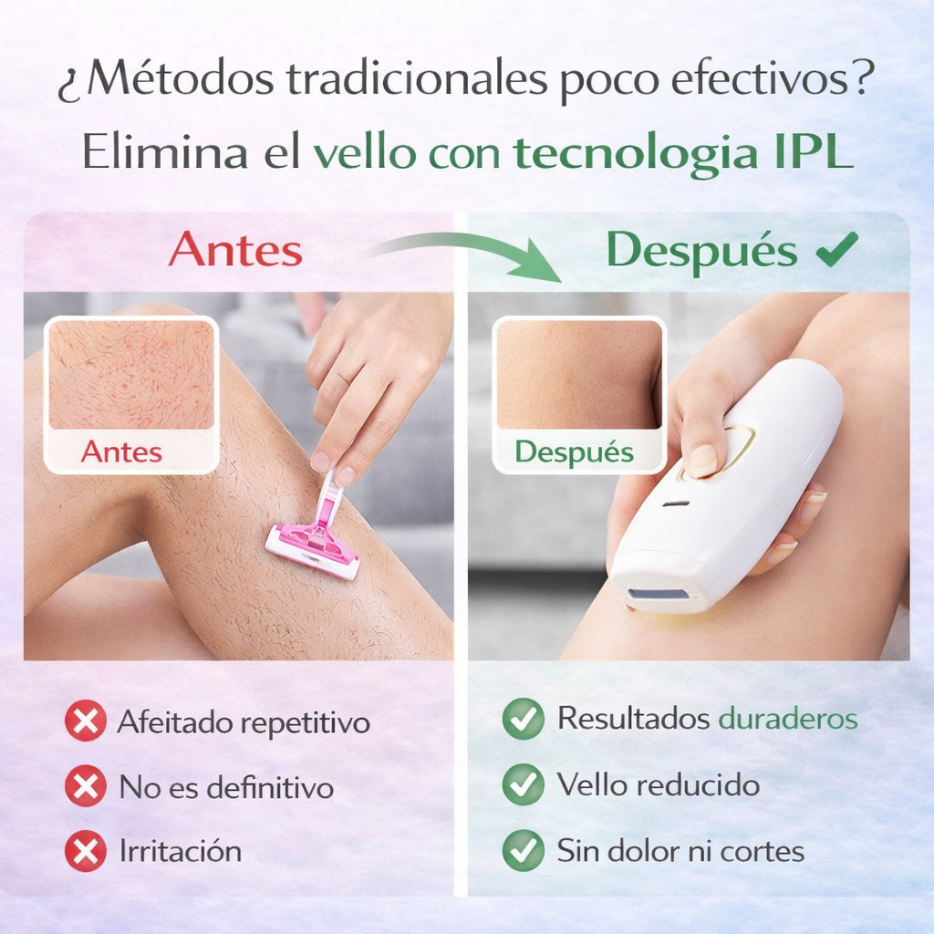 Comparativa antes y después usando depiladora IPL mostrando reducción del vello y piel suave