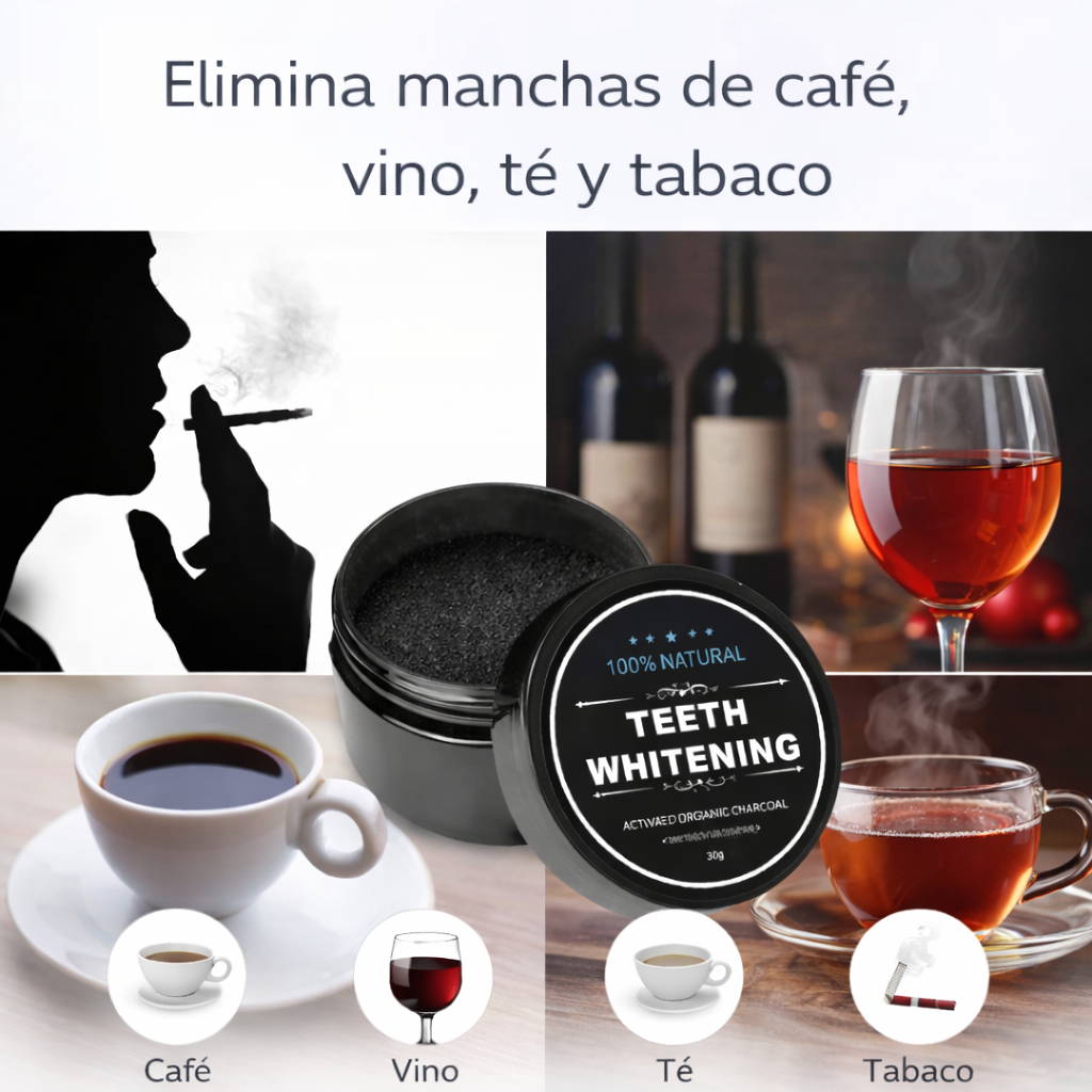 blanqueador dental de carbón activado que elimina manchas de café vino té y tabaco
