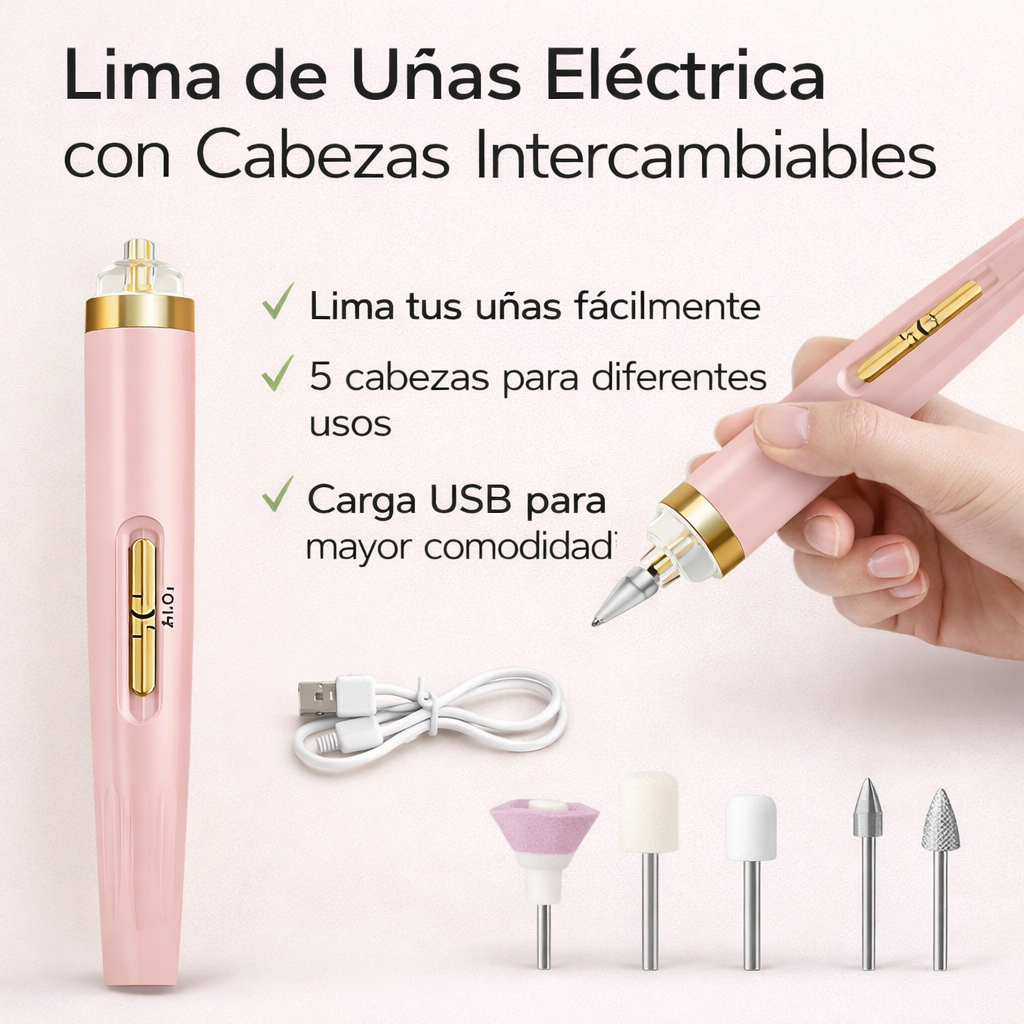 lima de uñas eléctrica con cabezales intercambiables y carga USB para manicura y pedicura