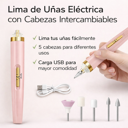 lima de uñas eléctrica con cabezales intercambiables y carga USB para manicura y pedicura