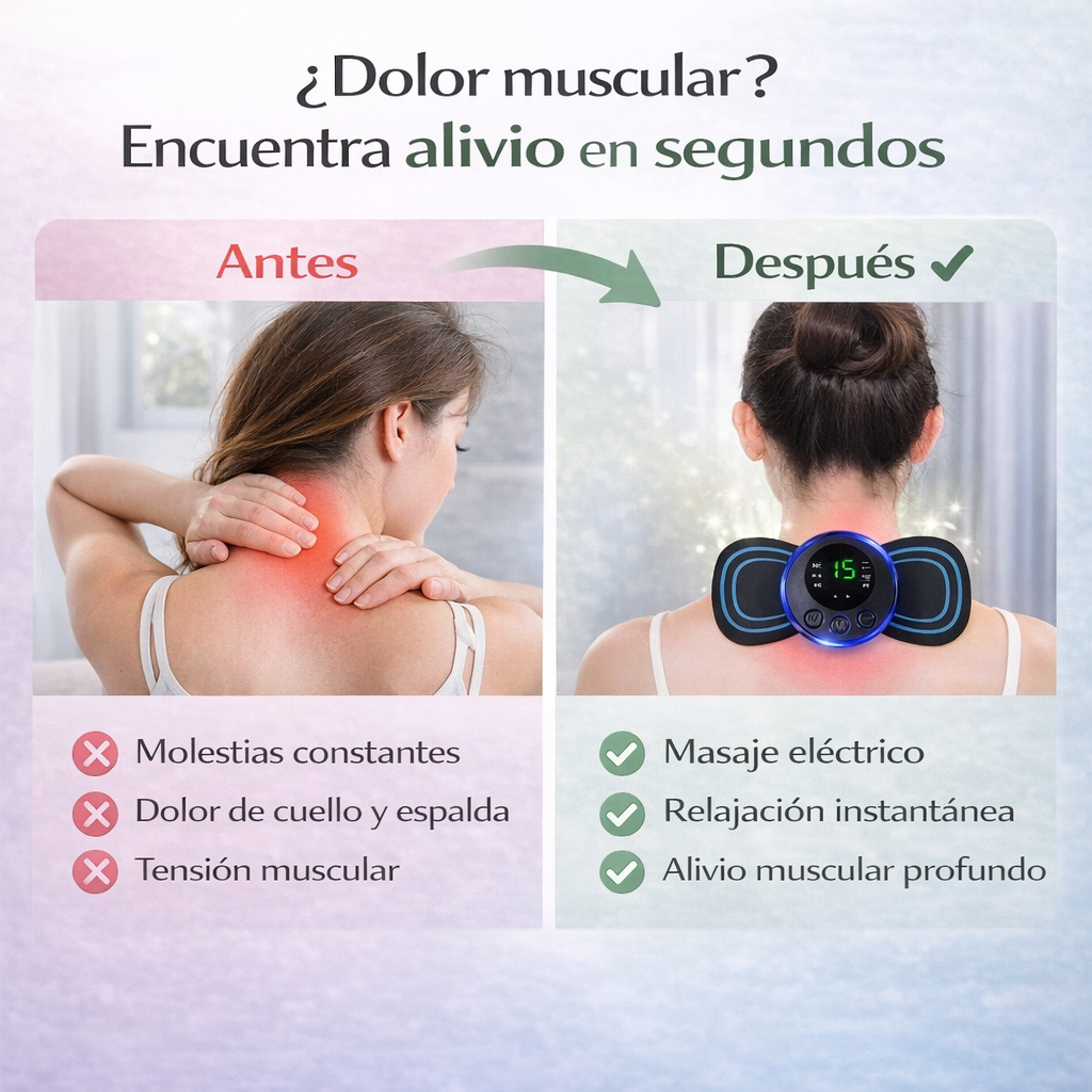 Masajeador muscular portátil que reduce tensión en cuello y espalda proporcionando alivio muscular inmediato.