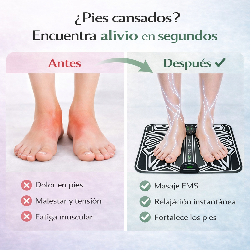 Comparativa antes y después usando masajeador de pies EMS para aliviar dolor, tensión y fatiga muscular.