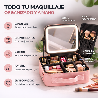 Organizador de maquillaje con divisores ajustables, espejo LED y gran capacidad para cosméticos