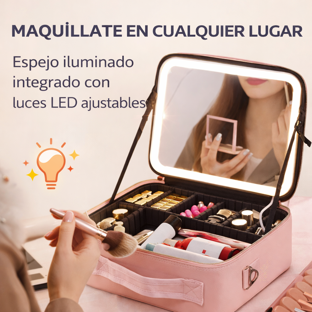Maletín organizador de maquillaje con espejo LED integrado para maquillarse en cualquier lugar