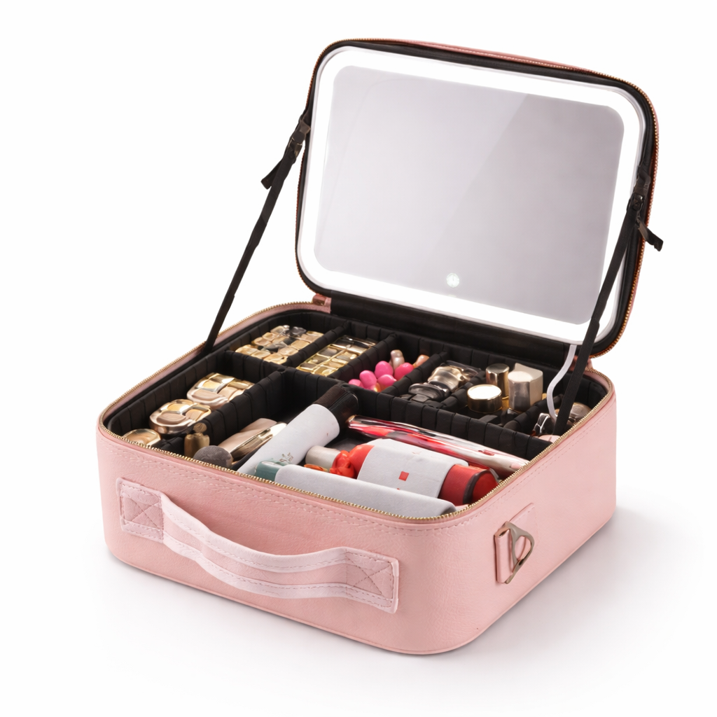 Organizador de maquillaje portátil con espejo LED y compartimentos ajustables para cosméticos