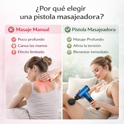 Comparativa entre masaje manual y pistola masajeadora mostrando alivio muscular profundo y relajación corporal