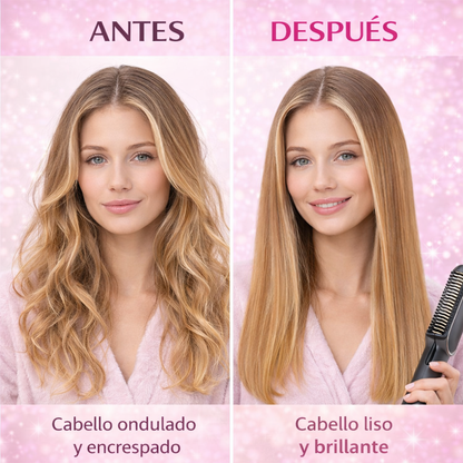 resultado antes y despues usando cepillo plancha alisador para cabello liso