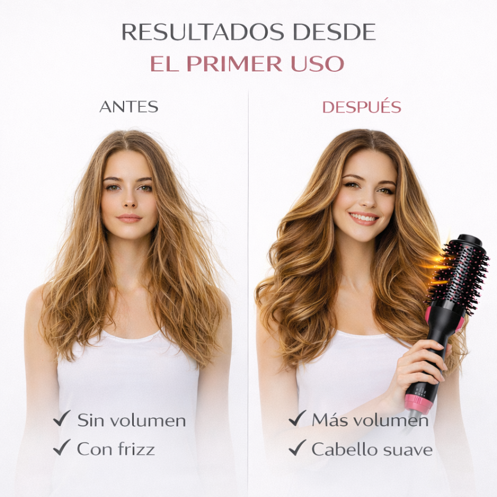resultado antes y después usando cepillo secador voluminizador con más volumen y cabello suave