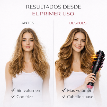 resultado antes y después usando cepillo secador voluminizador con más volumen y cabello suave
