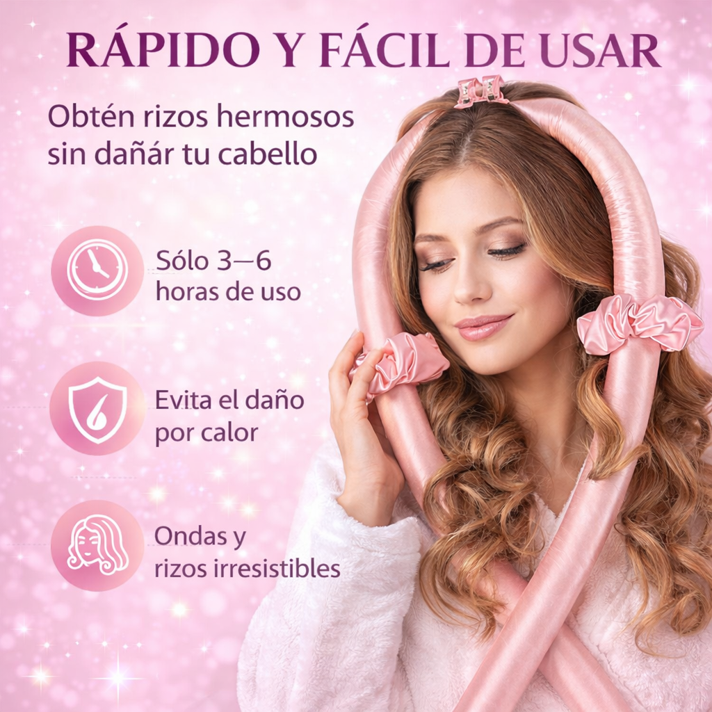 mujer usando rizador de pelo sin calor de satén para conseguir ondas naturales