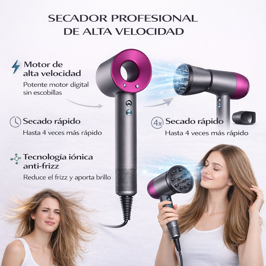 Secador de pelo profesional con motor de alta velocidad, tecnología iónica anti frizz y secado rápido
