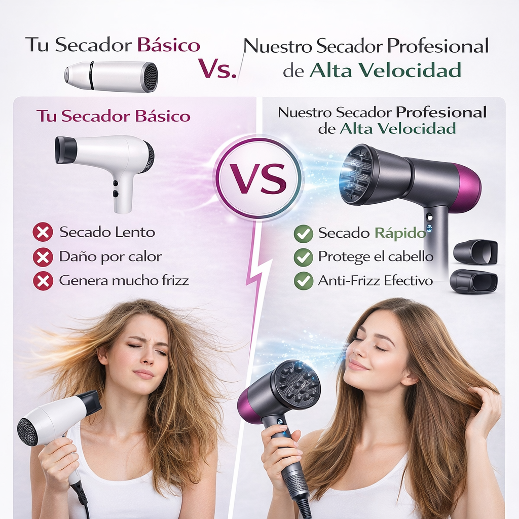Comparativa entre secador básico y secador profesional de alta velocidad con secado rápido y reducción del frizz